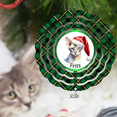 Breeds Starting with D Cat in Santa Hat Personalized 4" Wind Spinner Christmas Ornament Pet Gift