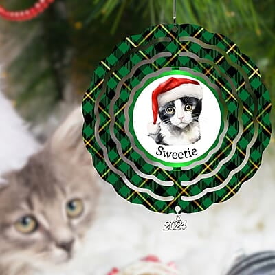 Breeds Starting with J - L Cat in Santa Hat Personalized 4" Wind Spinner Christmas Ornament Pet Gift