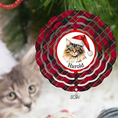 Breeds Starting with M - N Cat in Santa Hat Personalized 4" Wind Spinner Christmas Ornament Pet Gift