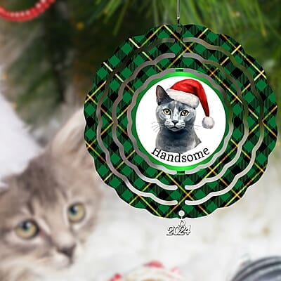 Breeds Starting with O - R Cat in Santa Hat Personalized 4" Wind Spinner Christmas Ornament Pet Gift