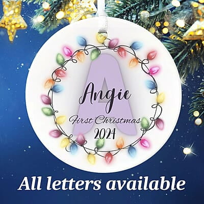 Personalized Baby Alphabet Ceramic Ornament, 2024 1st Christmas Quality Keepsake, Custom Girl and Boy Gift, Christmas Lights Monogram