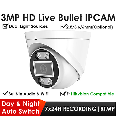 3MP WiFi Dual Light Dome Live Streaming IP Camera, H.265, 2.8mm Lens, RTMP to YouTube & Facebook, Indoor/Outdoor, Compatible with ONVIF/HK