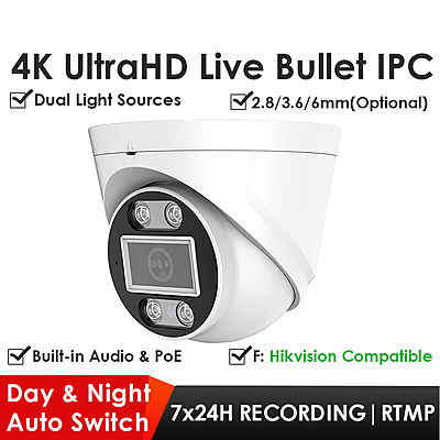 4K 8MP Wireless Dome IP Camera with Smart IR, 2.8mm Lens, RTMP Streaming, Audio, IP66, Hikvision Compatible, for Indoor/Outdoor Surveillance & Live Broadcast