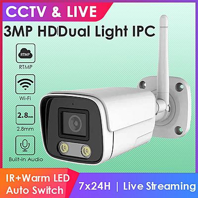 3MP Wireless Bullet Camera with Dual Light, Built-in Audio, RTMP Streaming to YouTube & Facebook, Hikvision Compatible, IP66 Outdoor Surveillance