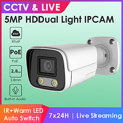 5MP PoE Bullet IP Camera with Dual Light, Audio, 2.8mm Lens, ONVIF, RTMP Live Streaming to YouTube, Facebook, Outdoor Security, Hikvision-Compatible