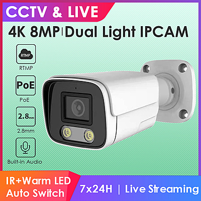 4K 8MP PoE Bullet IP Camera – Dual Light or Smart IR, Built-in Audio, RTMP to YouTube/Facebook, 2.8mm Lens, Hikvision-Compatible, Compact Outdoor Security Camera