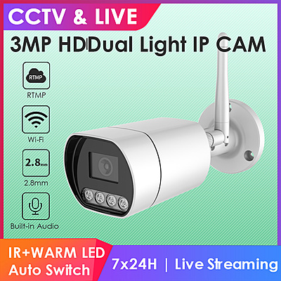 3MP Wireless Bullet IP Camera with Dual Light, H.265, Built-in Audio, RTMP Streaming to YouTube, Facebook, Hikvision Compatible, IP66 Outdoor Surveillance