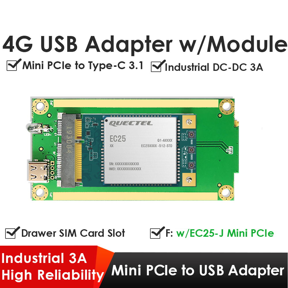 4G LTE Industrial Mini PCIe to USB Type-C 3.1 Adapter with SIM Slot – USB 2.0 Interface for Quectel EC25/EC20, Ideal for IoT, Raspberry Pi, Industrial Networking 4G LTE Industrial Mini PCIe to USB Type-C 3.1 Adapter with SIM Slot – USB 2.0 Interface for Quectel EC25/EC20, Ideal for IoT, Raspberry Pi, Industrial Networking