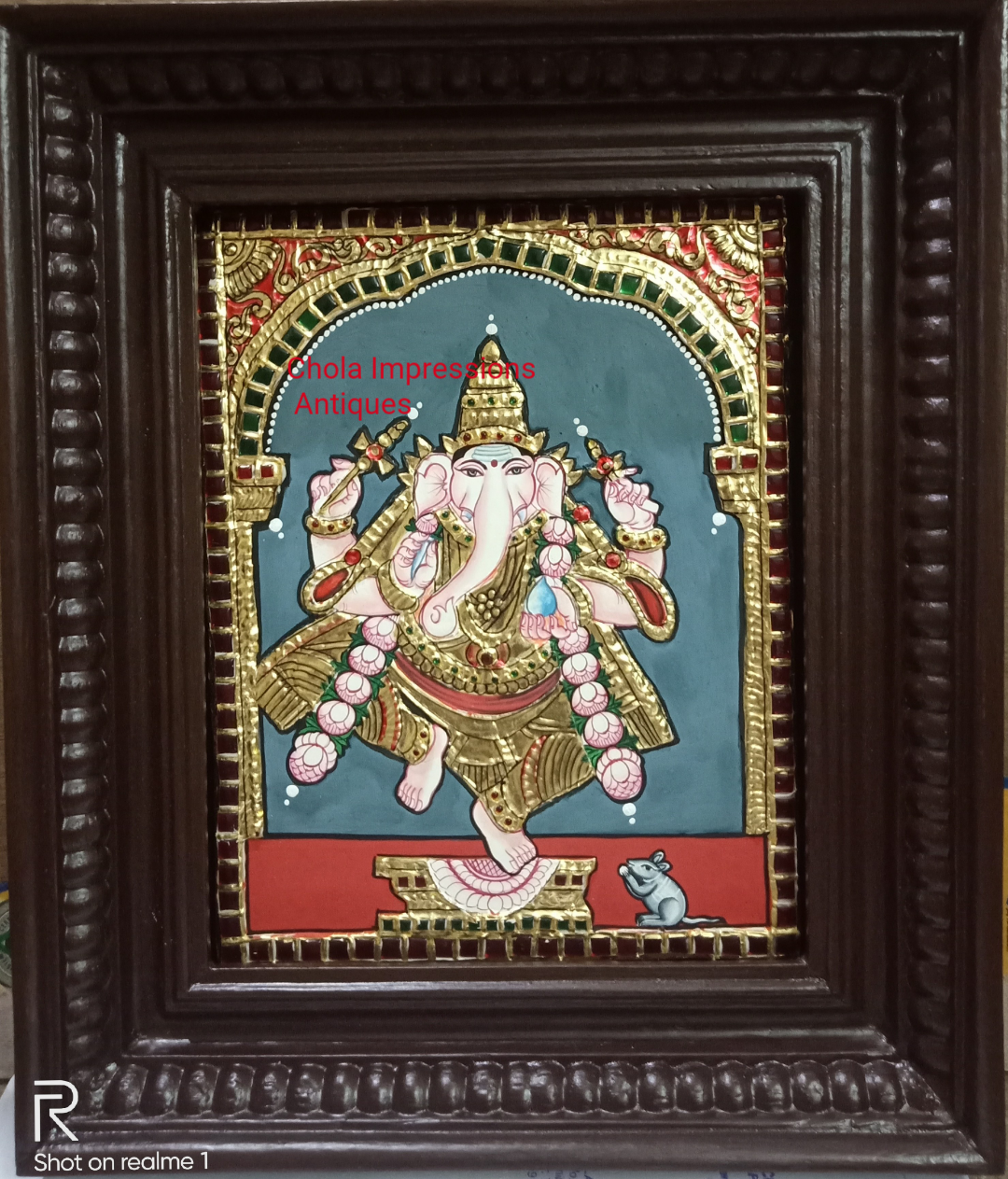 Antique style Dancing Ganesh Tanjore Painting - 10 In x 12 In