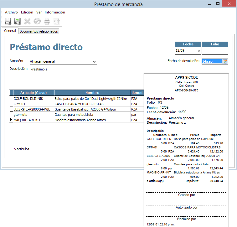 Control de préstamos de mercancía