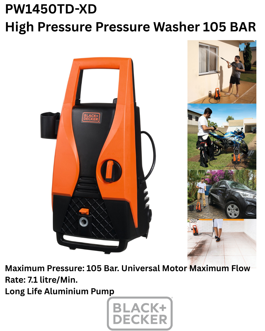 BLACK+DECKER PW1450TD High Pressure Washer  1400W | 120 Bar