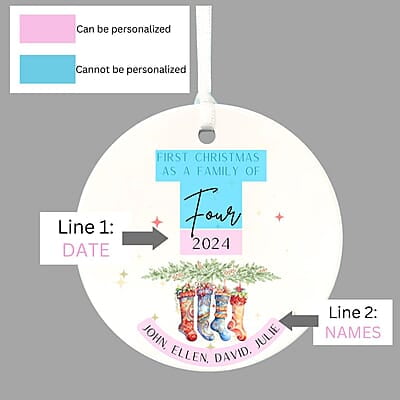 Family of 4 First Christmas 4, Personalized 2024 Custom Ceramic Ornament, Quality Lasting Heirloom Keepsake, Beautiful Nostalgic Memento