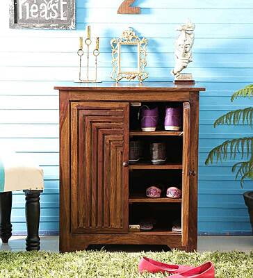 Solid Wood Shoe Cabinet | Carved Sliding Door Shoe Rack | Wooden Entryway Storage