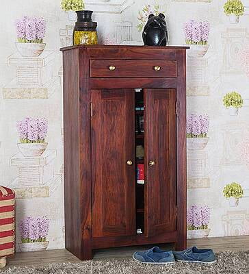 Solid Wood Tower Shoe Rack | Wooden Shoe Cabinet with Drawer & Doors
