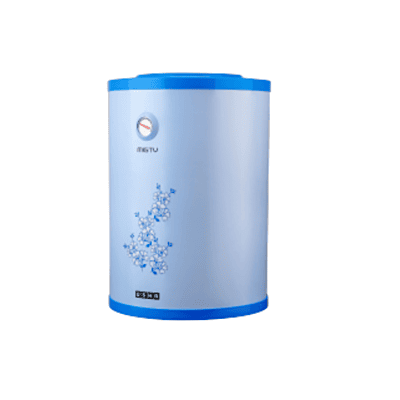 The Usha 25L Misty geyser with its elegant blue hibiscus pattern on a white body.