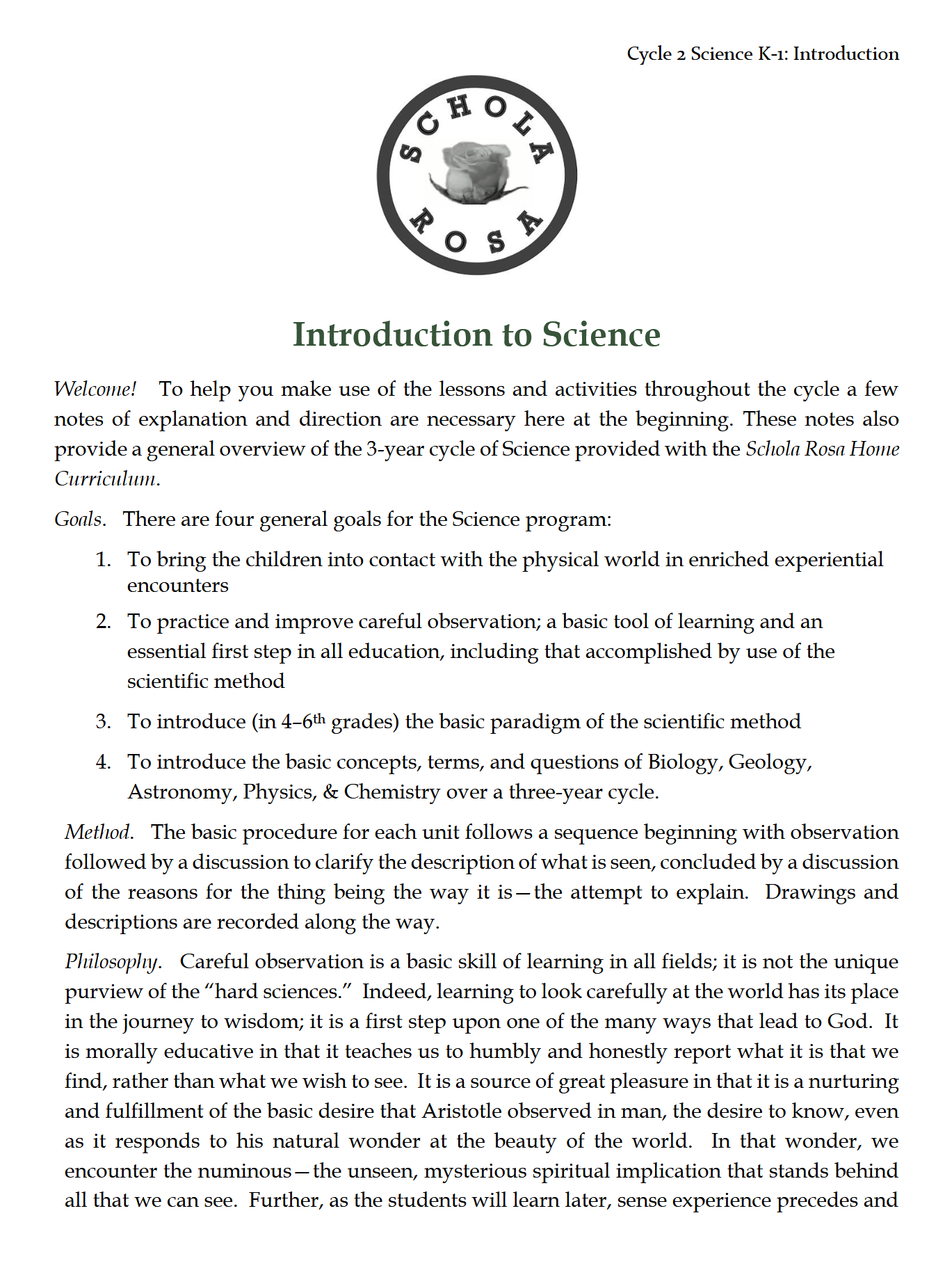 Science K-1: Earth Science: Schola Rosa Cycle 2