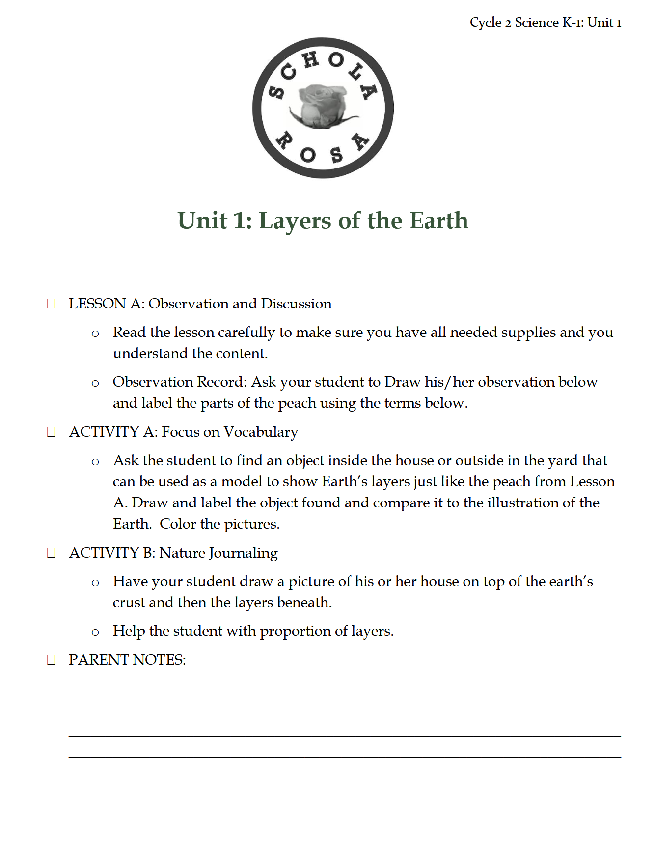 Science K-1: Earth Science: Schola Rosa Cycle 2