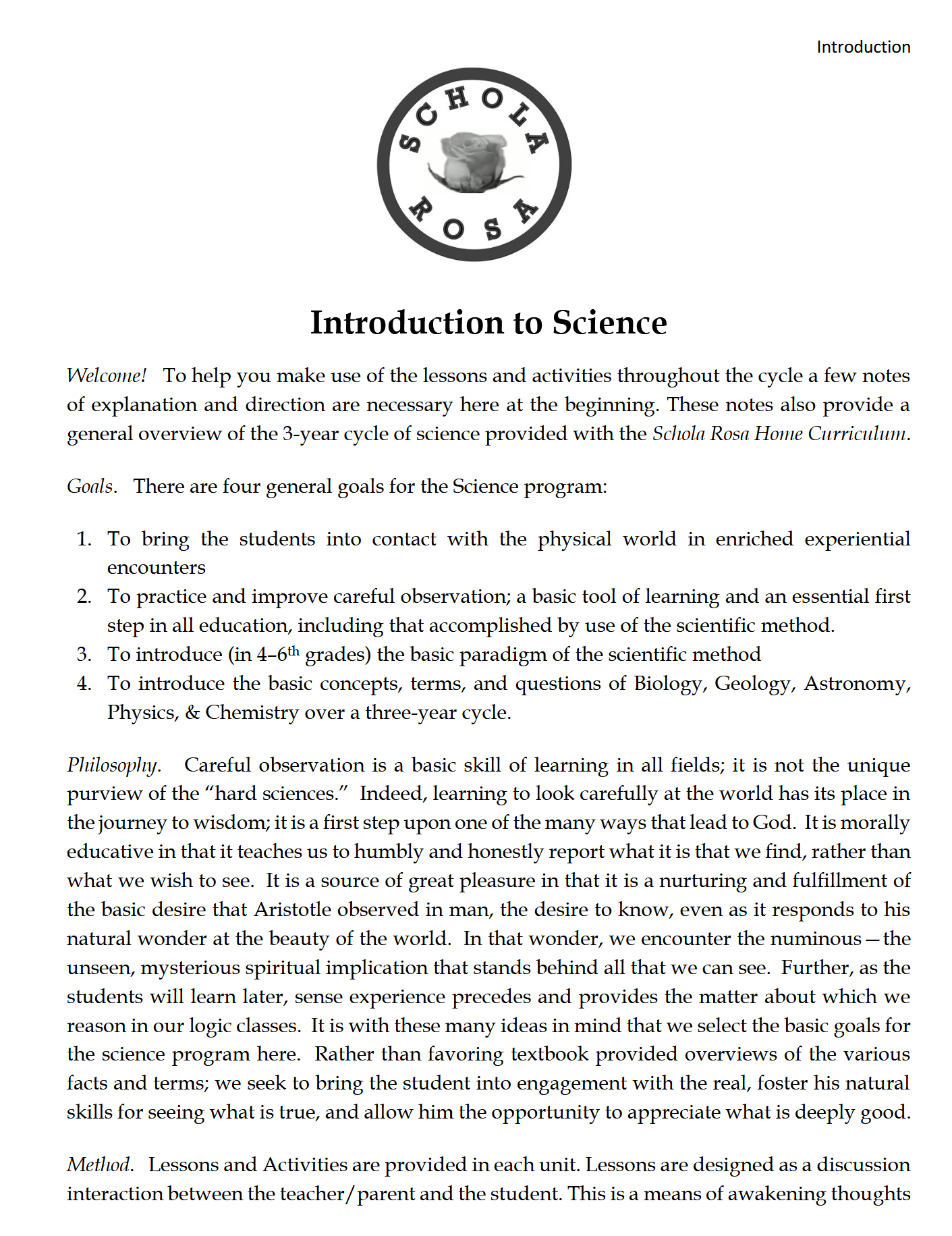 Science K-1: Chemistry and Physics: Schola Rosa Cycle 3