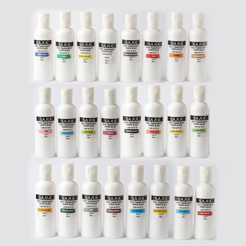 Combo Big 3: Sara Semi Transparent Underglazes - Pack of 24 Colours (100gm) Combo Big 3: Sara Semi Transparent Underglazes - Pack of 24 Colours (100gm)