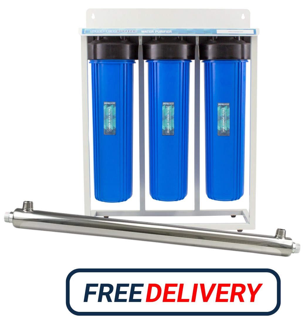 SUPERPURE 3-Stage Big Blue Whole House Water Filter System with 4 Pin UV Steriliser 55W 45L/Min – 1 inch Ports