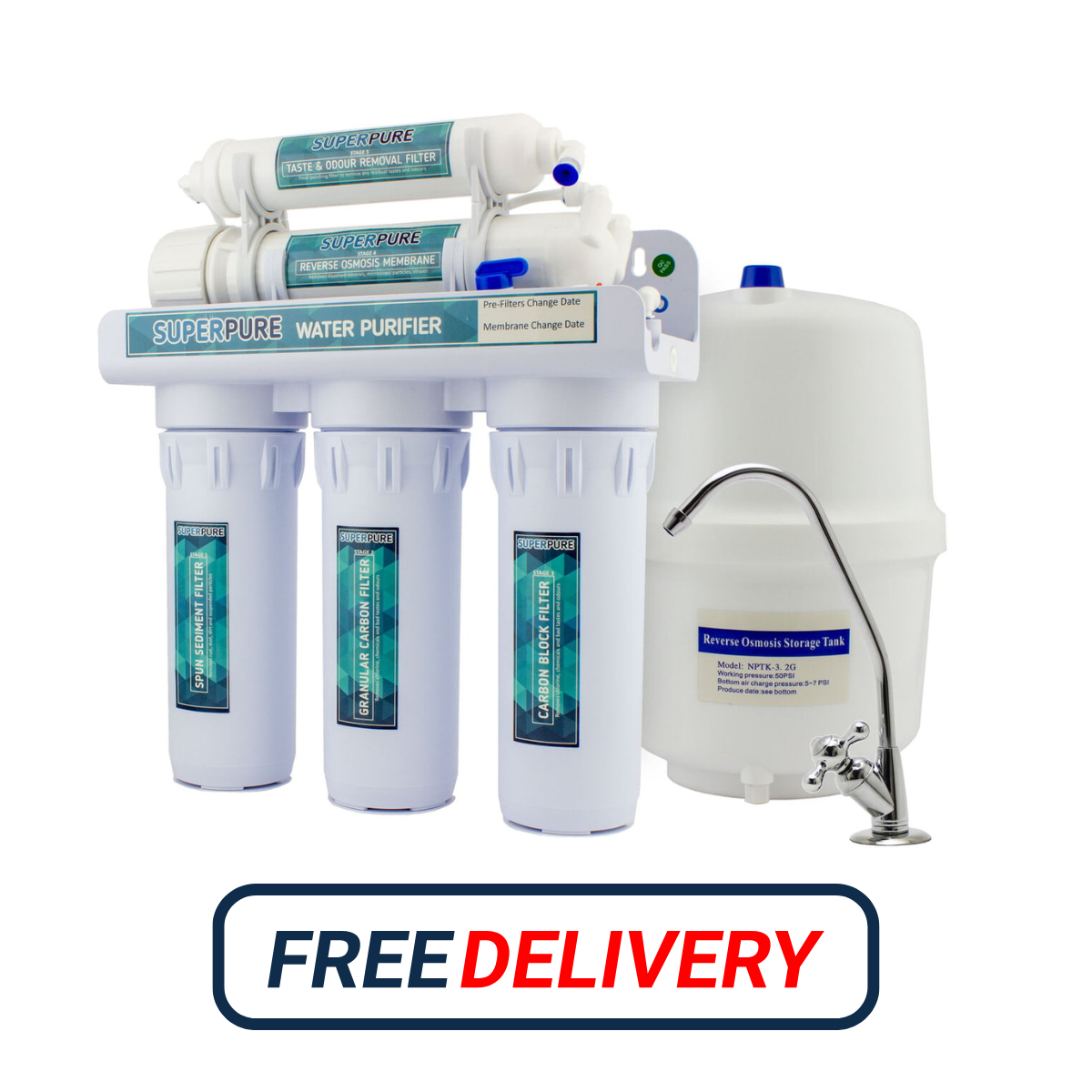 SUPERPURE 50GPD Reverse Osmosis Filtration System - No Booster Pump