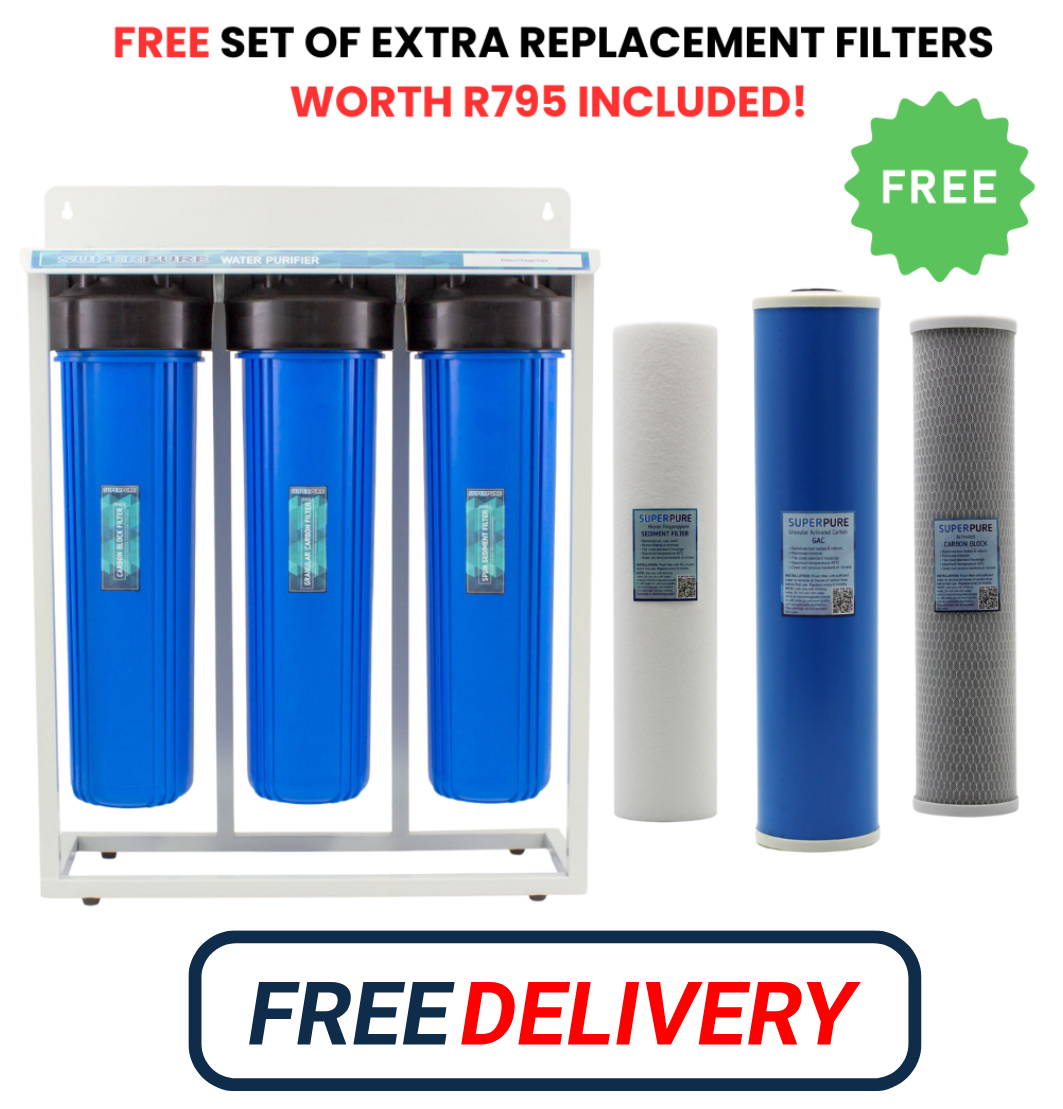 SUPERPURE 3-Stage Whole House Water Filtration System on Stand and x1 Extra Free Premium Replacement Filter Set worth R795!