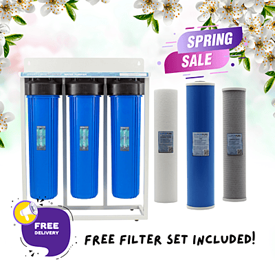 SUPERPURE 3-Stage Whole House Water Filtration System on Stand and x1 Extra Free Premium Replacement Filter Set worth R795!