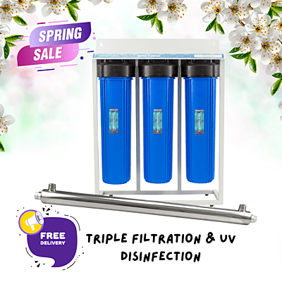 SUPERPURE 3-Stage Big Blue Whole House Water Filter System with 4 Pin UV Steriliser 55W 45L/Min â 1 inch Ports