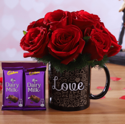 Red Roses Arrangement In Love Mug and Cadbury Dairy Milk Red Roses Arrangement In Love Mug and Cadbury Dairy Milk