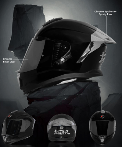 STEELBIRD SBH-57 ISS FIGHTER F9 GLOSSY BLACK C/V 600MM WITH EXTRA SILVER CHROME VISOR