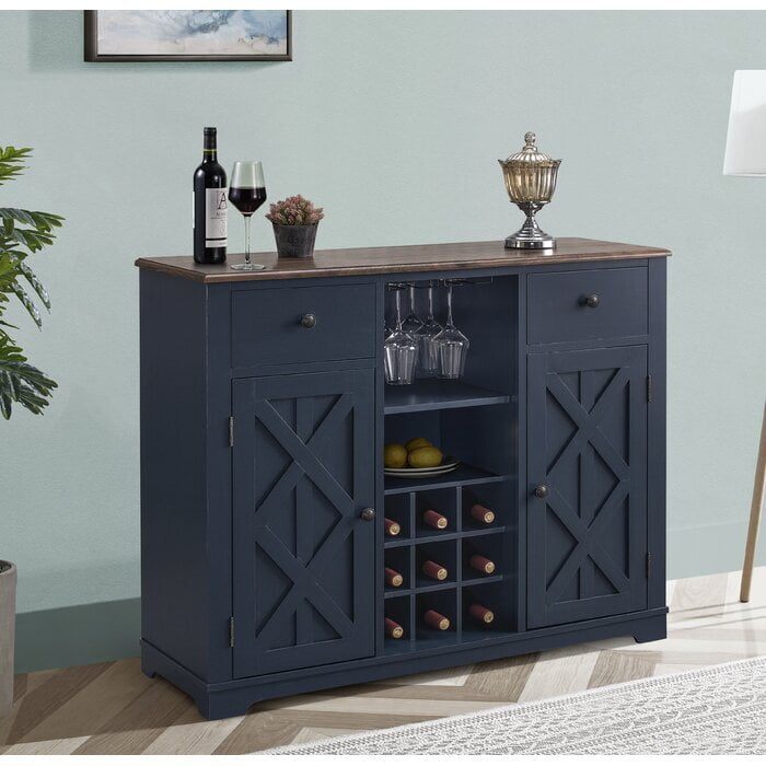 Farmhouse Blue Wine Bar Cabinet | Rustic Liquor Storage with Wine Rack & Glass Holder Farmhouse Blue Wine Bar Cabinet | Rustic Liquor Storage with Wine Rack & Glass Holder