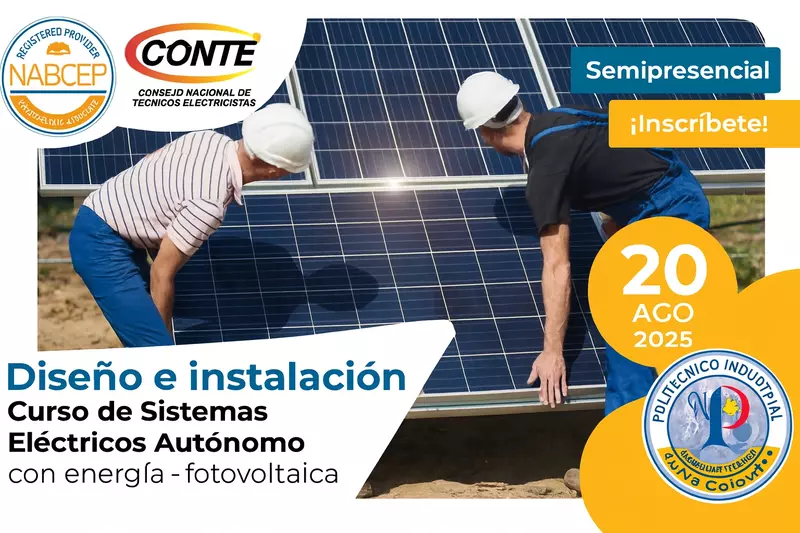 Semi presencial Certifícate Técnico en Instalación de Energía Solar Fotovoltaica en Colombia – podrás solicitar matrícula profesional CONTE y presentar certificación NABCEP. Semi presencial Certifícate Técnico en Instalación de Energía Solar Fotovoltaica en Colombia – podrás solicitar matrícula profesional CONTE y presentar certificación NABCEP.