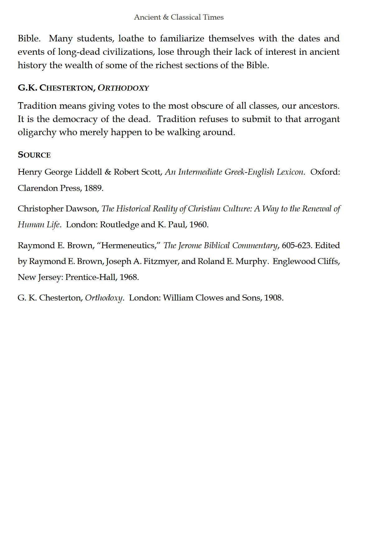 Ancient & Classical Times READER: Traditio Nostra I