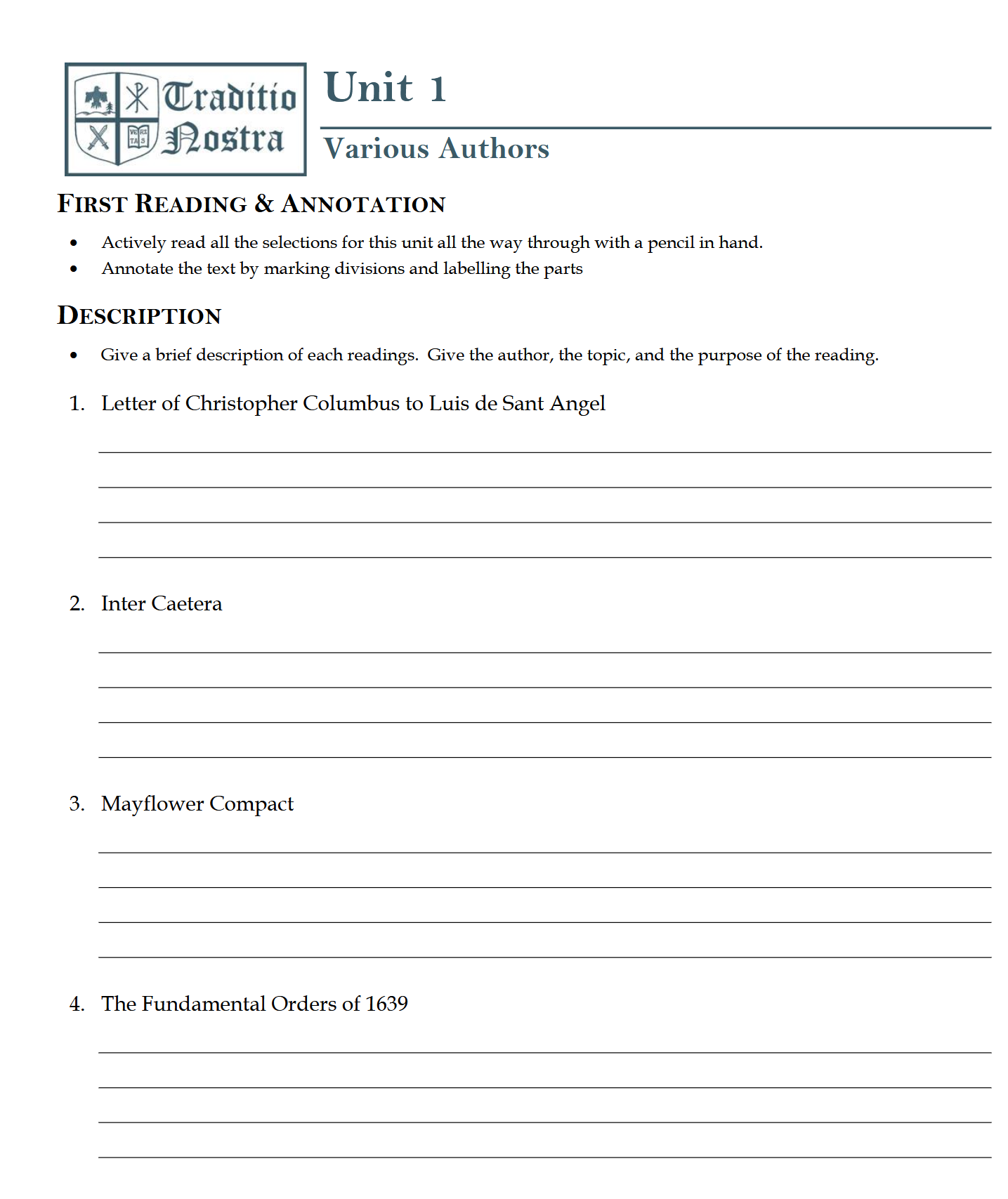 The American Idea Workbook: Traditio Nostra IV