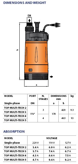 Pedrollo TOP MULTI-TECH 5 220V Automatic Submersible Pump Pedrollo TOP MULTI-TECH 5 220V Automatic Submersible Pump