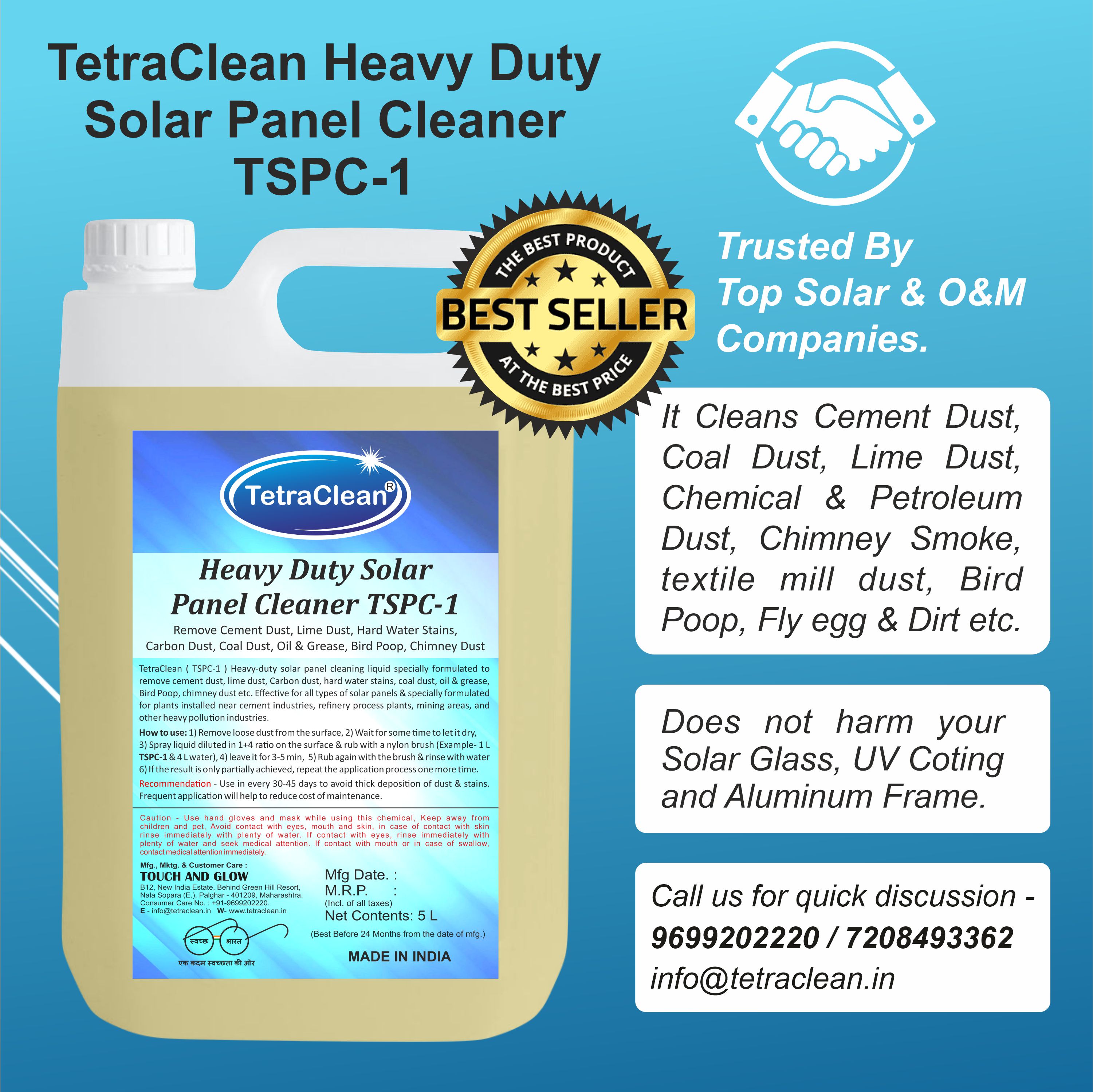 TetraClean Solar Panel Cleaner TSPC1 Remove Cement, Lime, Hard Water, Carbon, Coal, Bird Poop TetraClean Solar Panel Cleaner TSPC1 Remove Cement, Lime, Hard Water, Carbon, Coal, Bird Poop