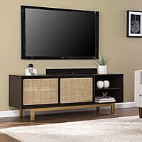 Boho Rattan & Wood TV Stand with Gold Legs - Media Console & Entertainment Unit Boho Rattan & Wood TV Stand with Gold Legs - Media Console & Entertainment Unit