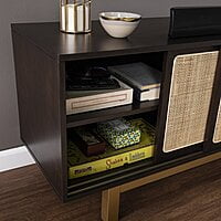 Boho Rattan & Wood TV Stand with Gold Legs - Media Console & Entertainment Unit Boho Rattan & Wood TV Stand with Gold Legs - Media Console & Entertainment Unit