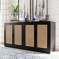 Black Rattan Weave Accent Cabinet - Modern Coastal Storage Unit Black Rattan Weave Accent Cabinet - Modern Coastal Storage Unit