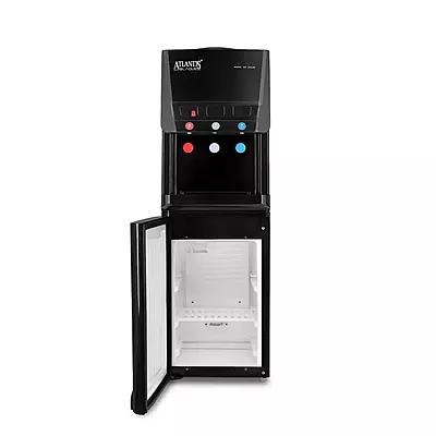 The sleek, Atlantis Blaque Water Dispenser With 18 Liter Cooling Cabinet in a modern office.