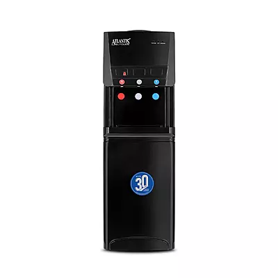 The sleek, all-black Atlantis Blaque Floor Standing Water Dispenser in a modern Gurgaon office.