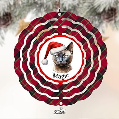 Breeds Starting with B Cat in Santa Hat Personalized 4" Wind Spinner Christmas Ornament Pet Gift