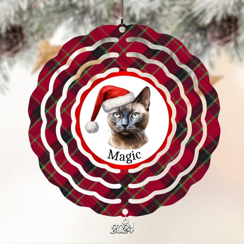 Breeds Starting with B Cat in Santa Hat Personalized 4" Wind Spinner Christmas Ornament Pet Gift
