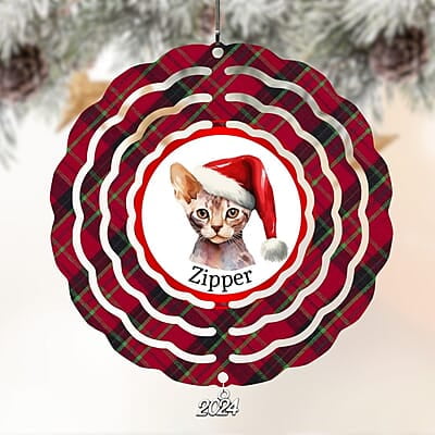 Breeds Starting with D Cat in Santa Hat Personalized 4" Wind Spinner Christmas Ornament Pet Gift