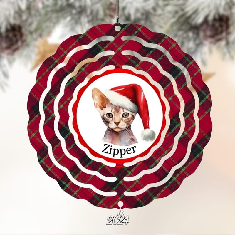 Breeds Starting with D Cat in Santa Hat Personalized 4" Wind Spinner Christmas Ornament Pet Gift