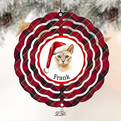 Breeds Starting with J - L Cat in Santa Hat Personalized 4" Wind Spinner Christmas Ornament Pet Gift