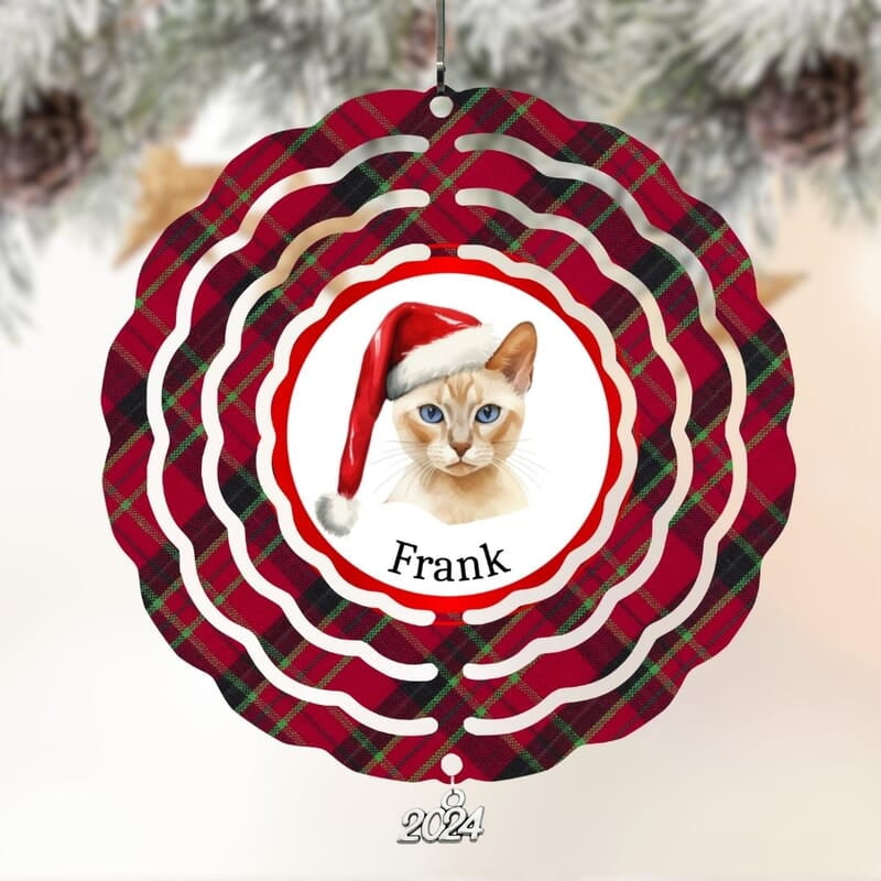 Breeds Starting with J - L Cat in Santa Hat Personalized 4" Wind Spinner Christmas Ornament Pet Gift