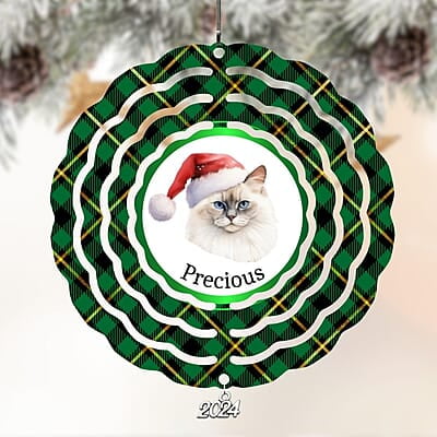 Breeds Starting with M - N Cat in Santa Hat Personalized 4" Wind Spinner Christmas Ornament Pet Gift