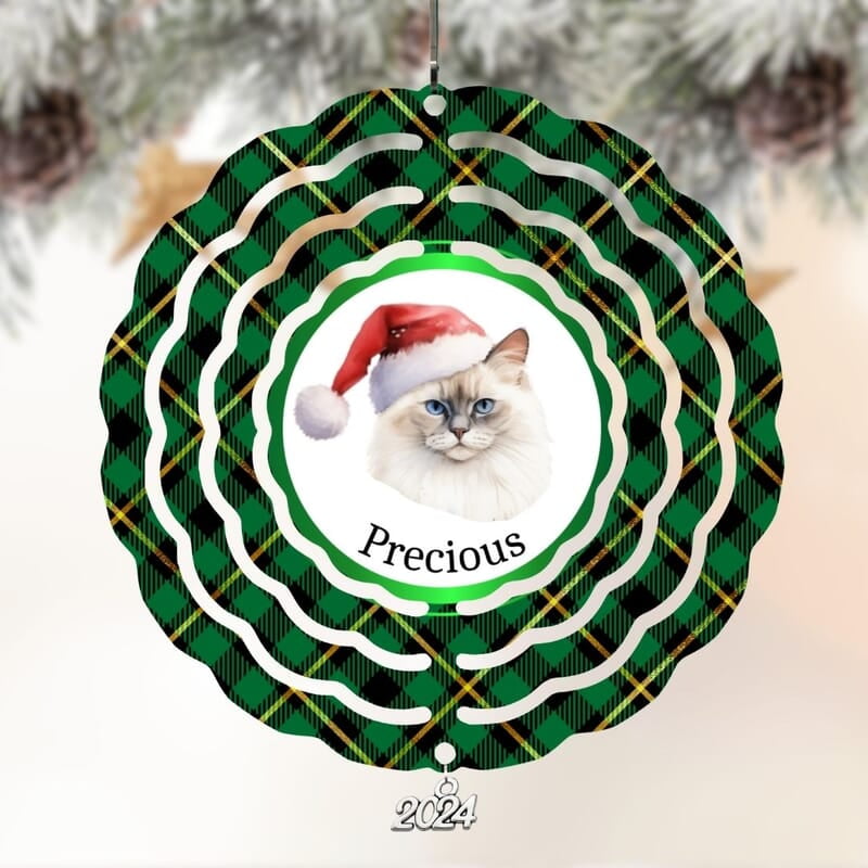 Breeds Starting with M - N Cat in Santa Hat Personalized 4" Wind Spinner Christmas Ornament Pet Gift