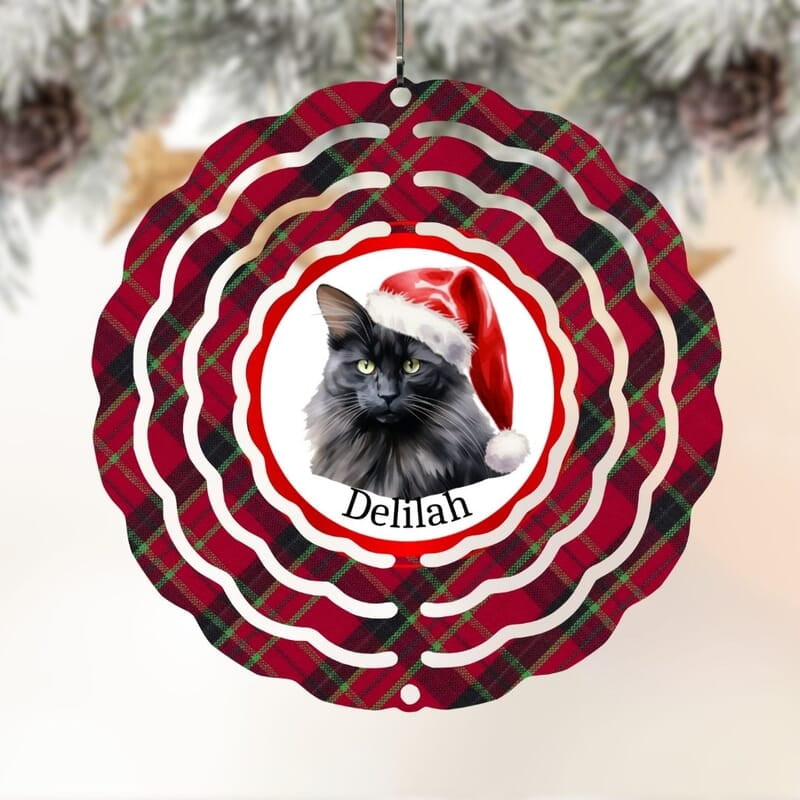 Breeds Starting with O - R Cat in Santa Hat Personalized 4" Wind Spinner Christmas Ornament Pet Gift